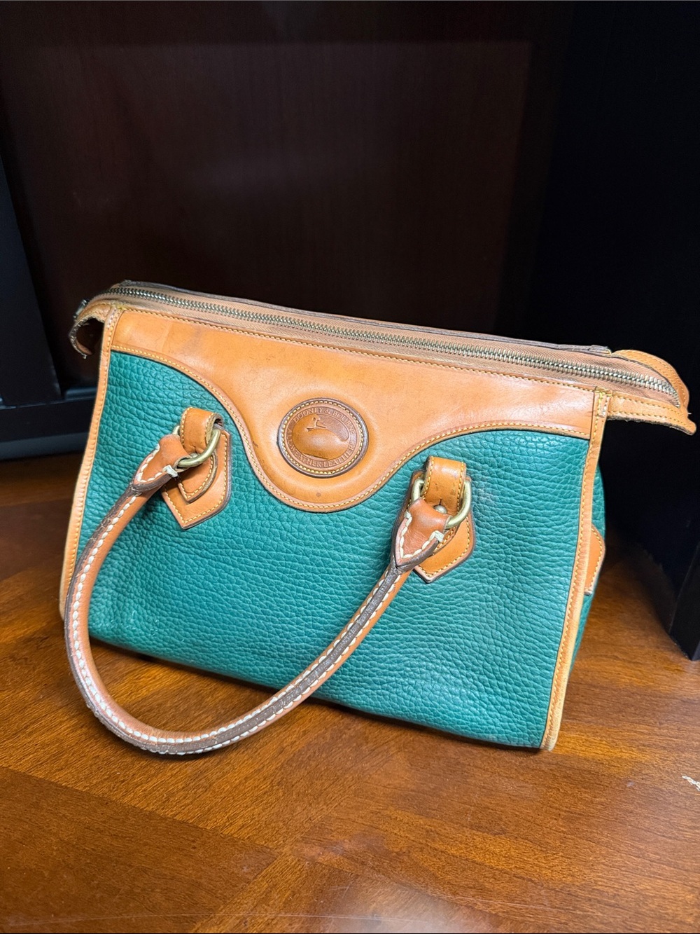 Dooney & Bourke Teal and Tan Pebbled Leather Satchel